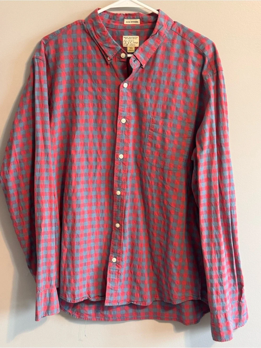 J.Crew Secret Wash Slim Untucked Shirt XL Organic Cotton Red Blue Gingham
